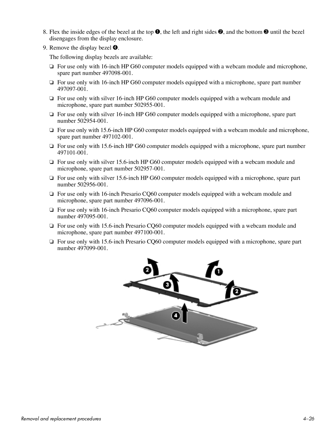 HP CQ60-224NR, CQ60-109TX, CQ60-110AU, CQ60-108TX, CQ60-108TU, CQ60-109TU, CQ60-107TX manual Removal and replacement procedures 