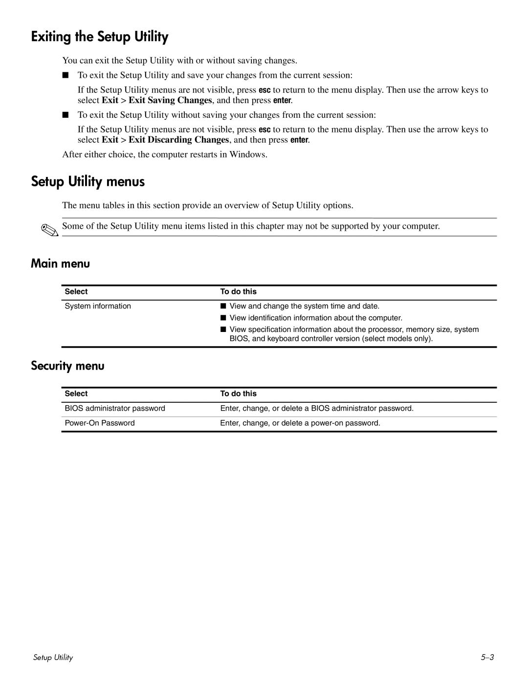 HP CQ60-108TX, CQ60-109TX manual Exiting the Setup Utility, Setup Utility menus, Main menu, Security menu, Select To do this 