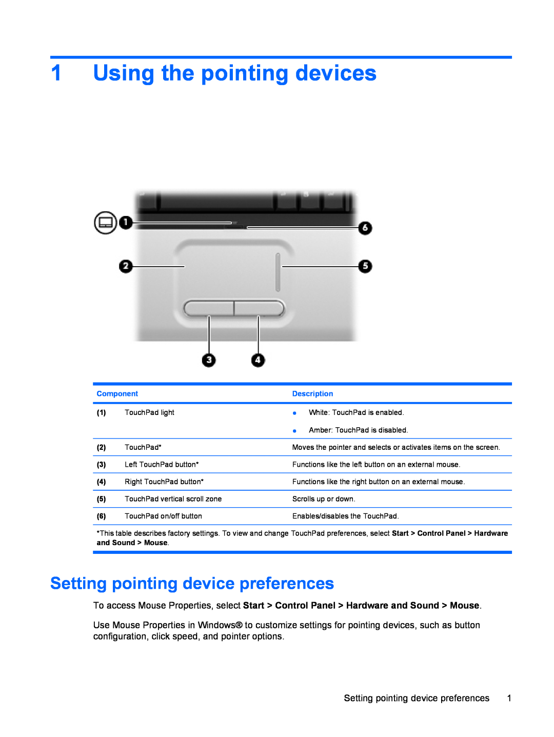 HP CQ60-107TX, CQ60-109TX, CQ60-100 Using the pointing devices, Setting pointing device preferences, Component, Description 