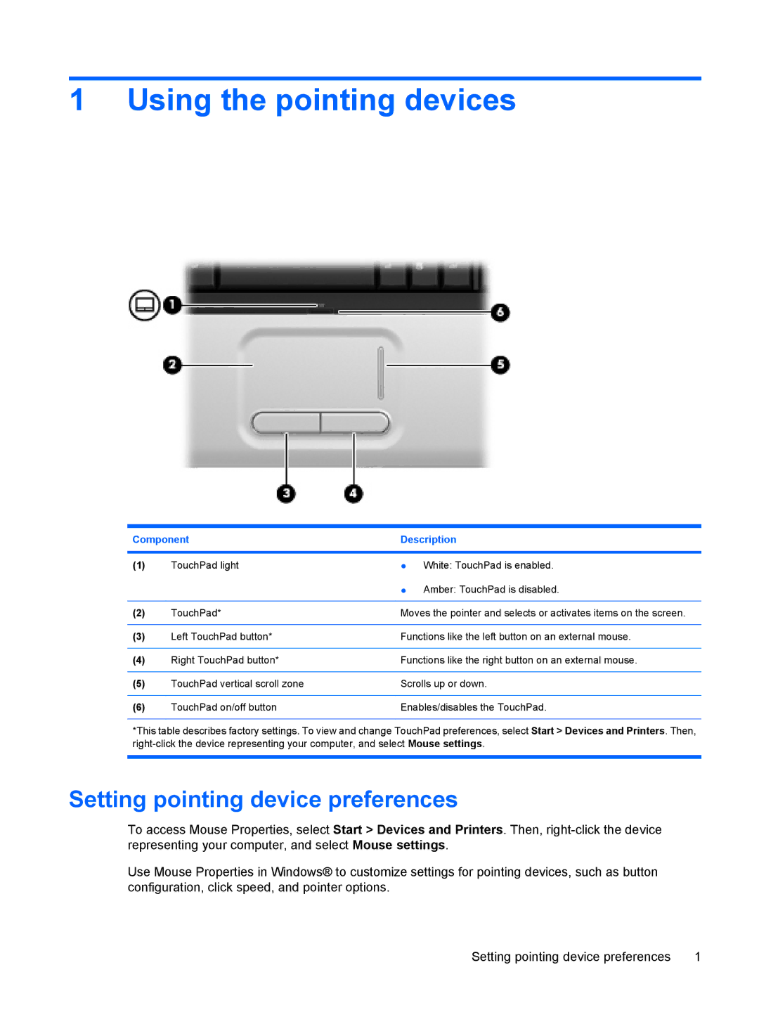 HP CQ60-422DX, CQ60-514NR, CQ60-423DX manual Using the pointing devices, Setting pointing device preferences 