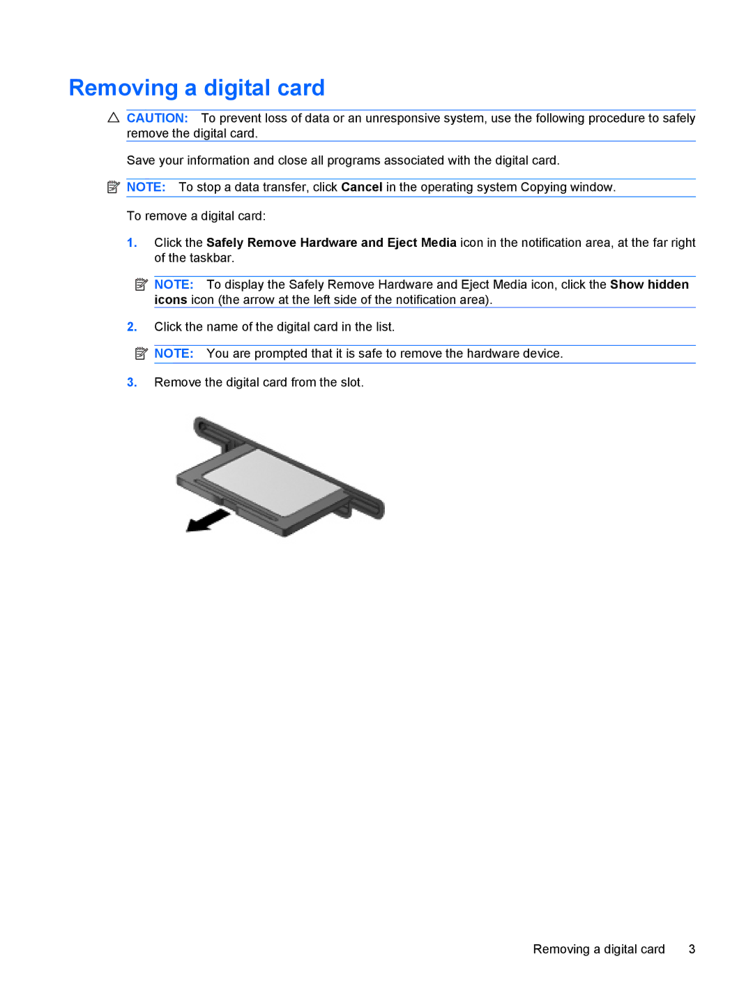 HP CQ60-423DX, CQ60-514NR, CQ60-422DX manual Removing a digital card 