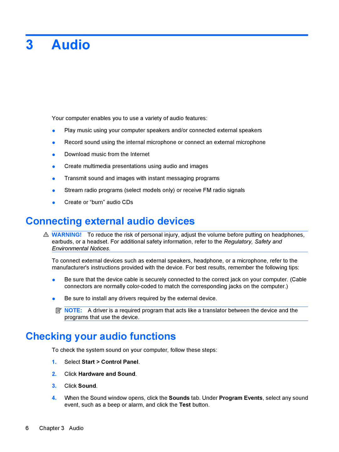 HP CQ60-423DX, CQ60-615DX, CQ60-422DX manual Audio, Connecting external audio devices, Checking your audio functions 