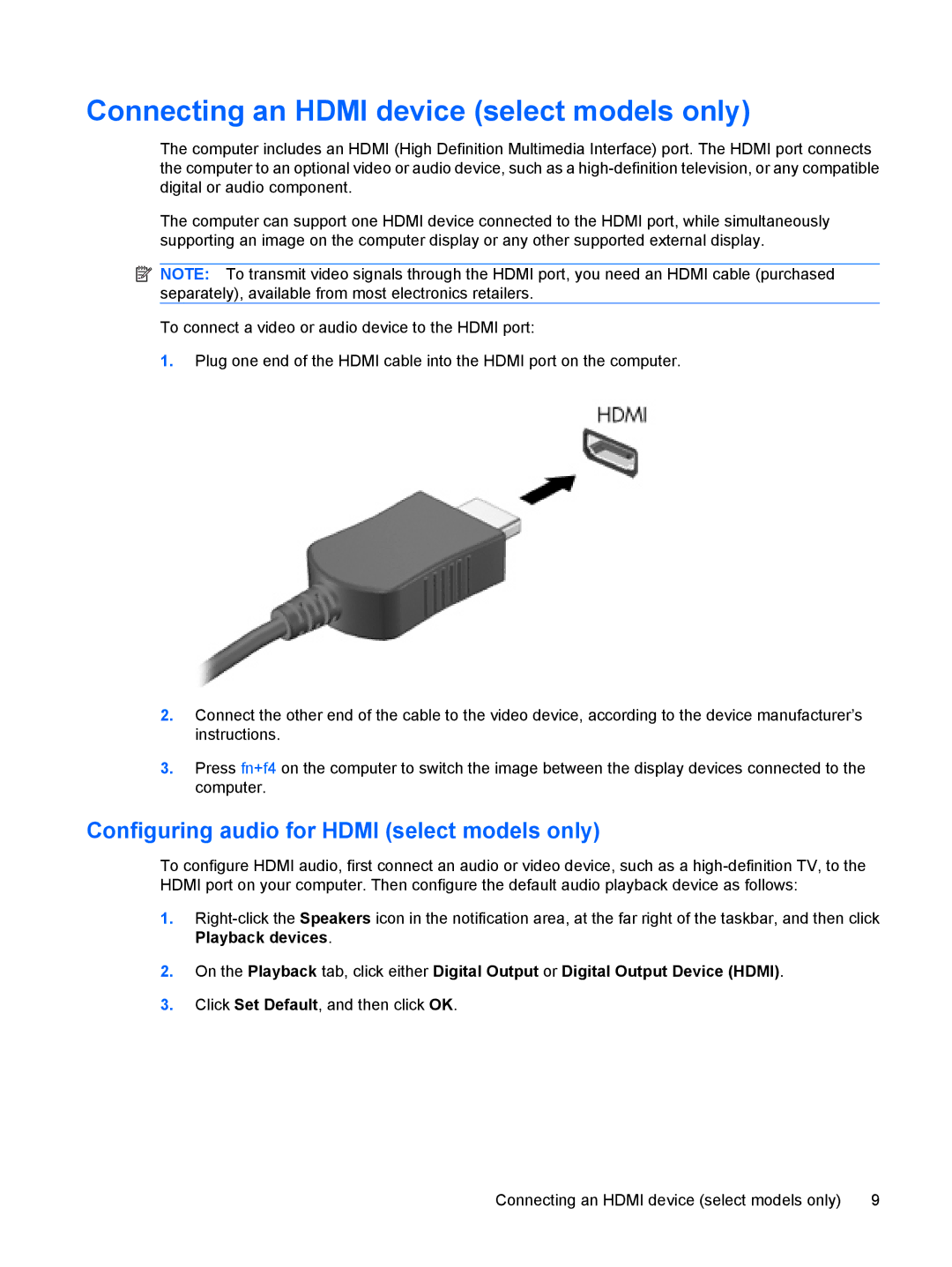 HP CQ60-423DX, CQ60-615DX manual Connecting an Hdmi device select models only, Configuring audio for Hdmi select models only 