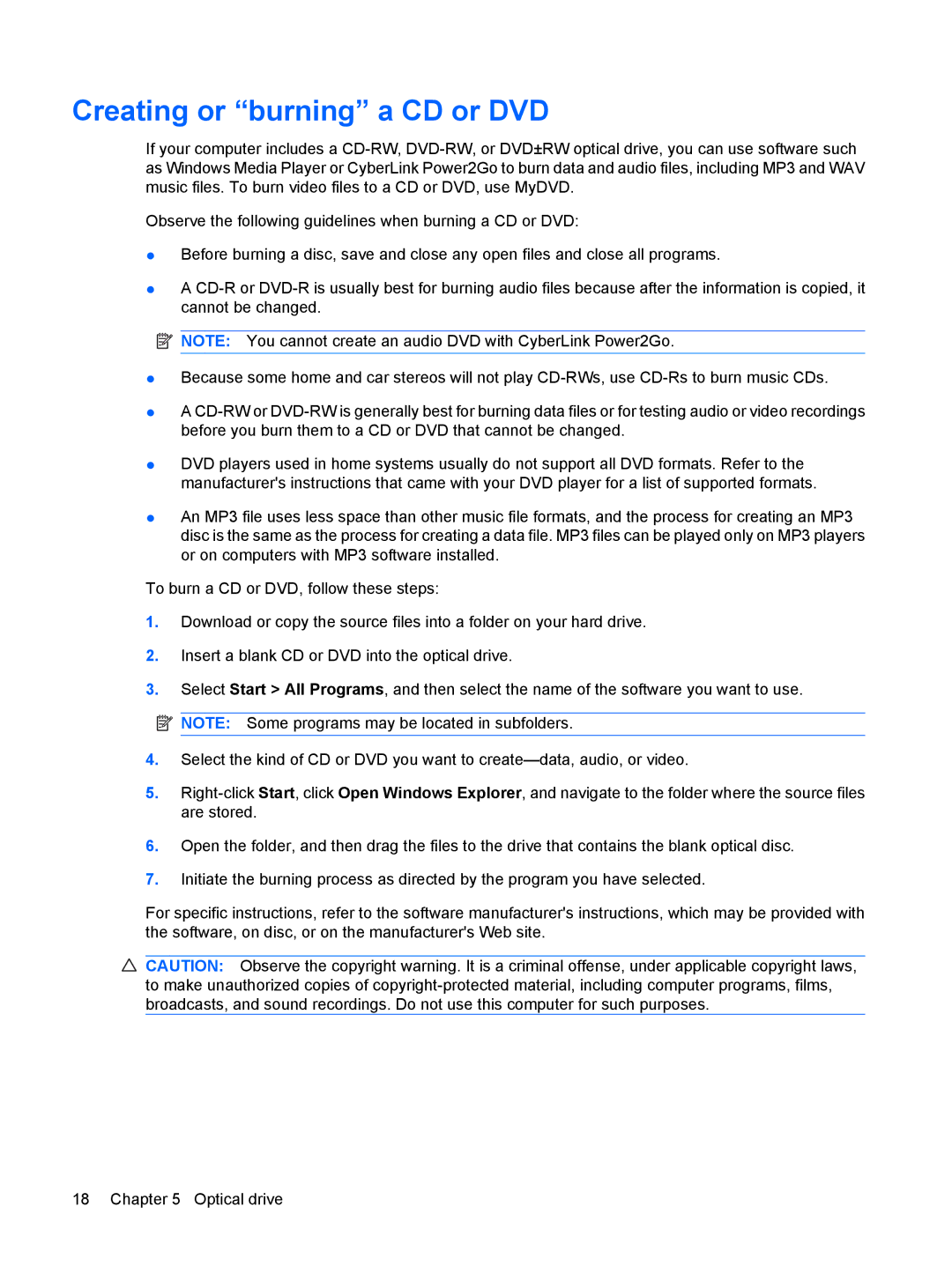 HP CQ60-423DX, CQ60-615DX, CQ60-422DX manual Creating or burning a CD or DVD 