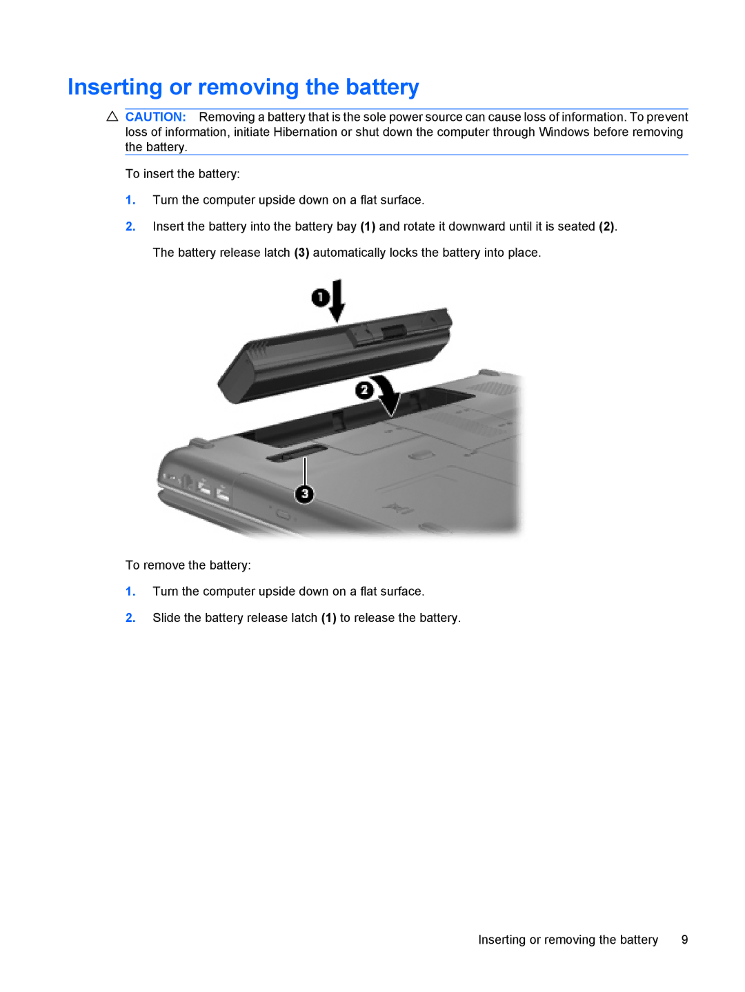 HP CQ60-514NR, CQ60-615DX, CQ60-423DX, CQ60-422DX manual Inserting or removing the battery 