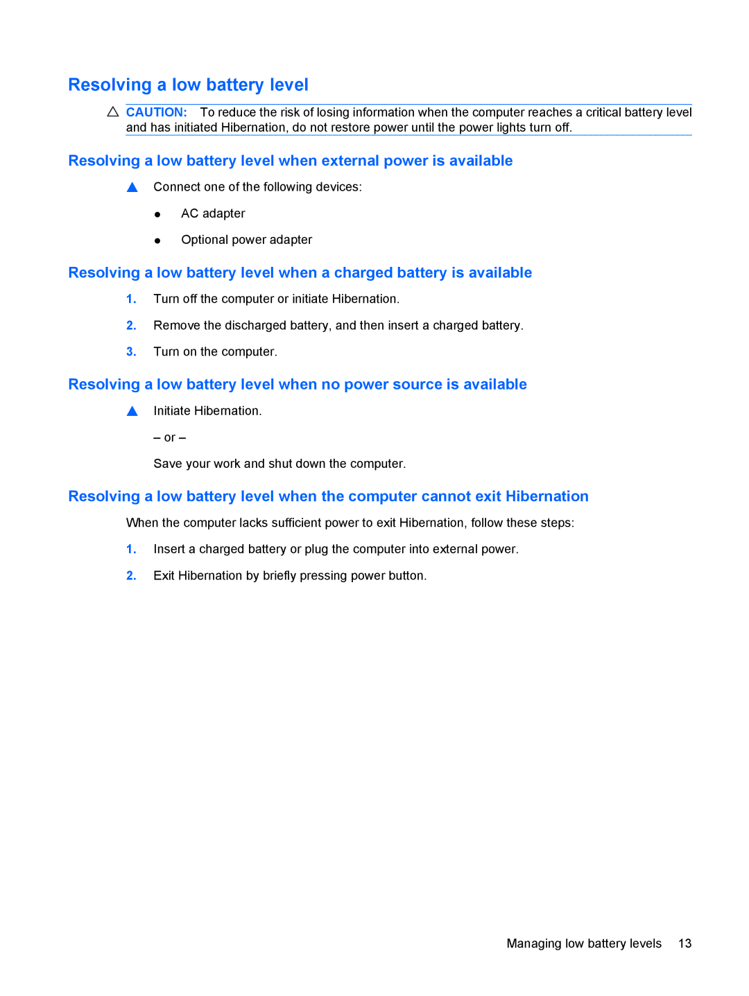 HP CQ60-514NR, CQ60-615DX, CQ60-423DX, CQ60-422DX manual Resolving a low battery level 