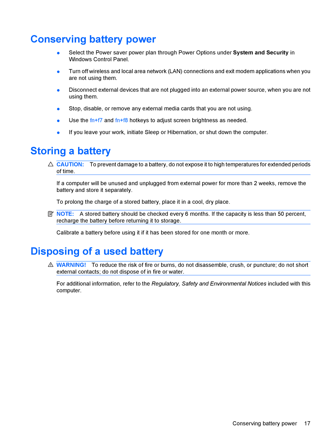 HP CQ60-514NR, CQ60-615DX, CQ60-423DX, CQ60-422DX Conserving battery power, Storing a battery, Disposing of a used battery 