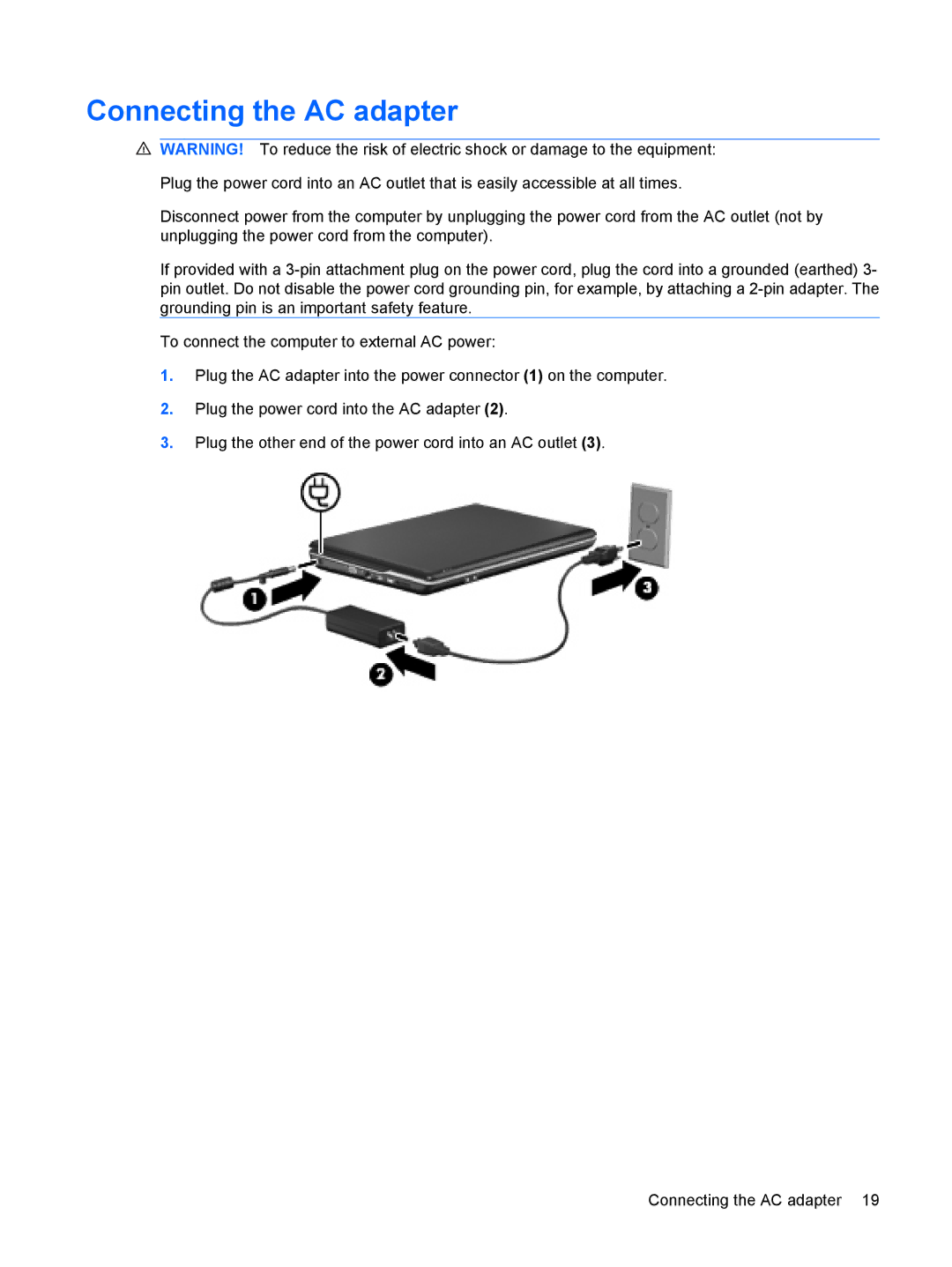 HP CQ60-422DX, CQ60-615DX, CQ60-514NR, CQ60-423DX manual Connecting the AC adapter 