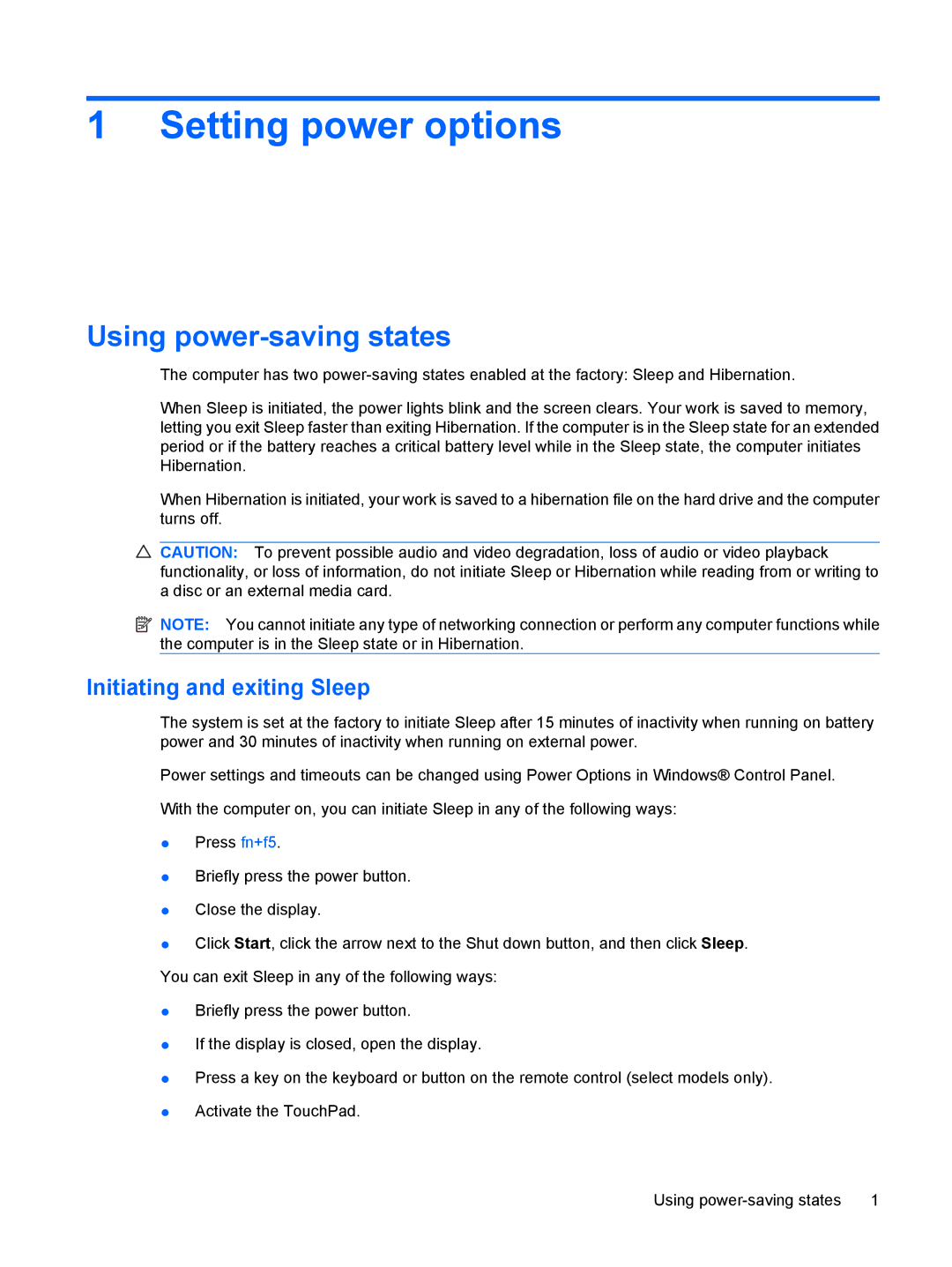 HP CQ60-514NR, CQ60-615DX, CQ60-423DX manual Setting power options, Using power-saving states, Initiating and exiting Sleep 