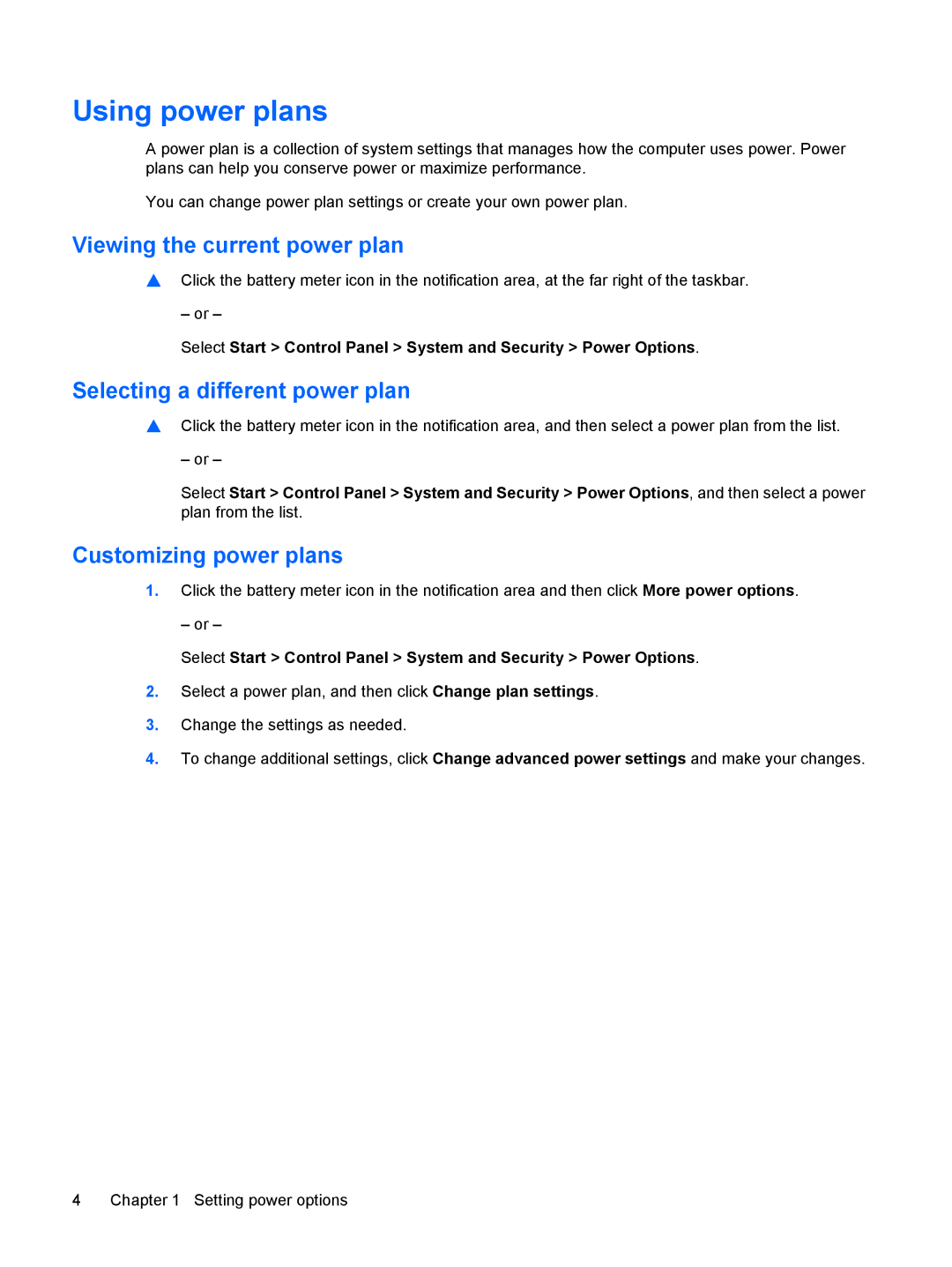 HP CQ60-615DX Using power plans, Viewing the current power plan, Selecting a different power plan, Customizing power plans 