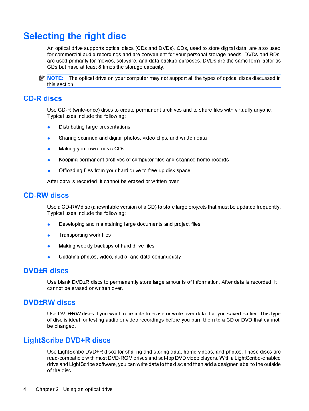 HP CQ60-615DX, CQ60-514NR, CQ60-423DX, CQ60-422DX manual Selecting the right disc 