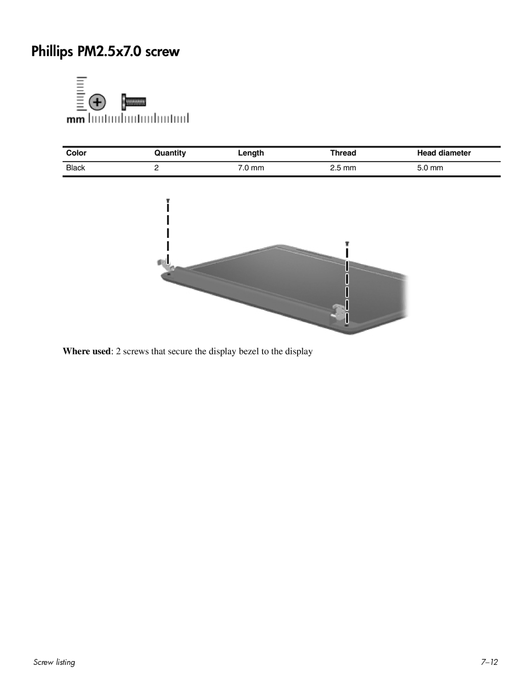 HP CQ60 manual Phillips PM2.5x7.0 screw 