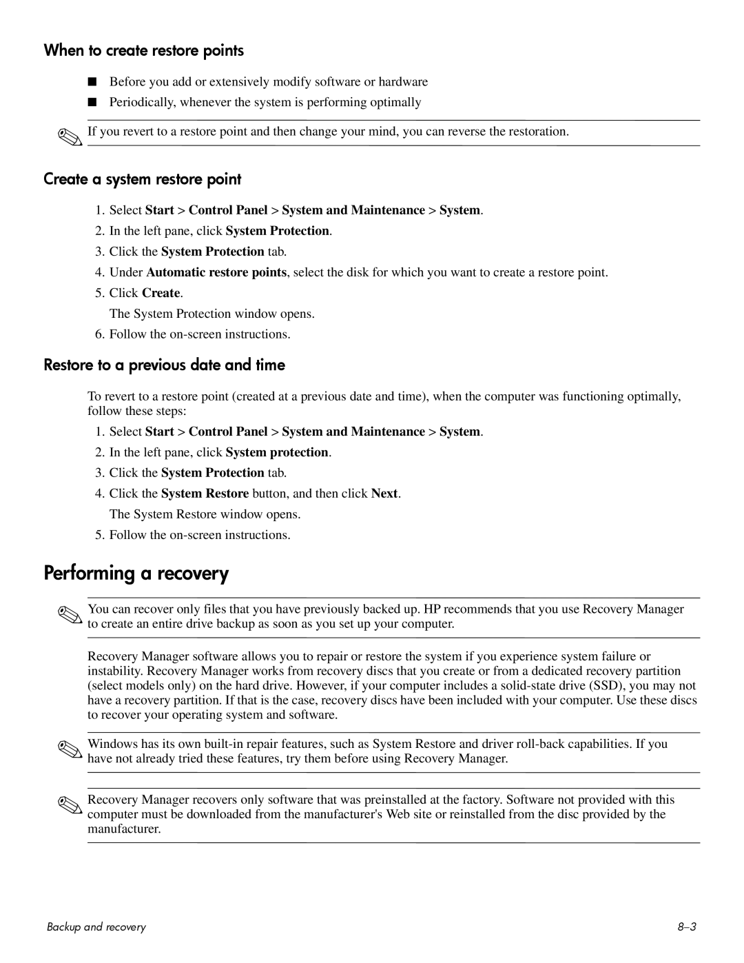 HP CQ60 manual Performing a recovery, When to create restore points 