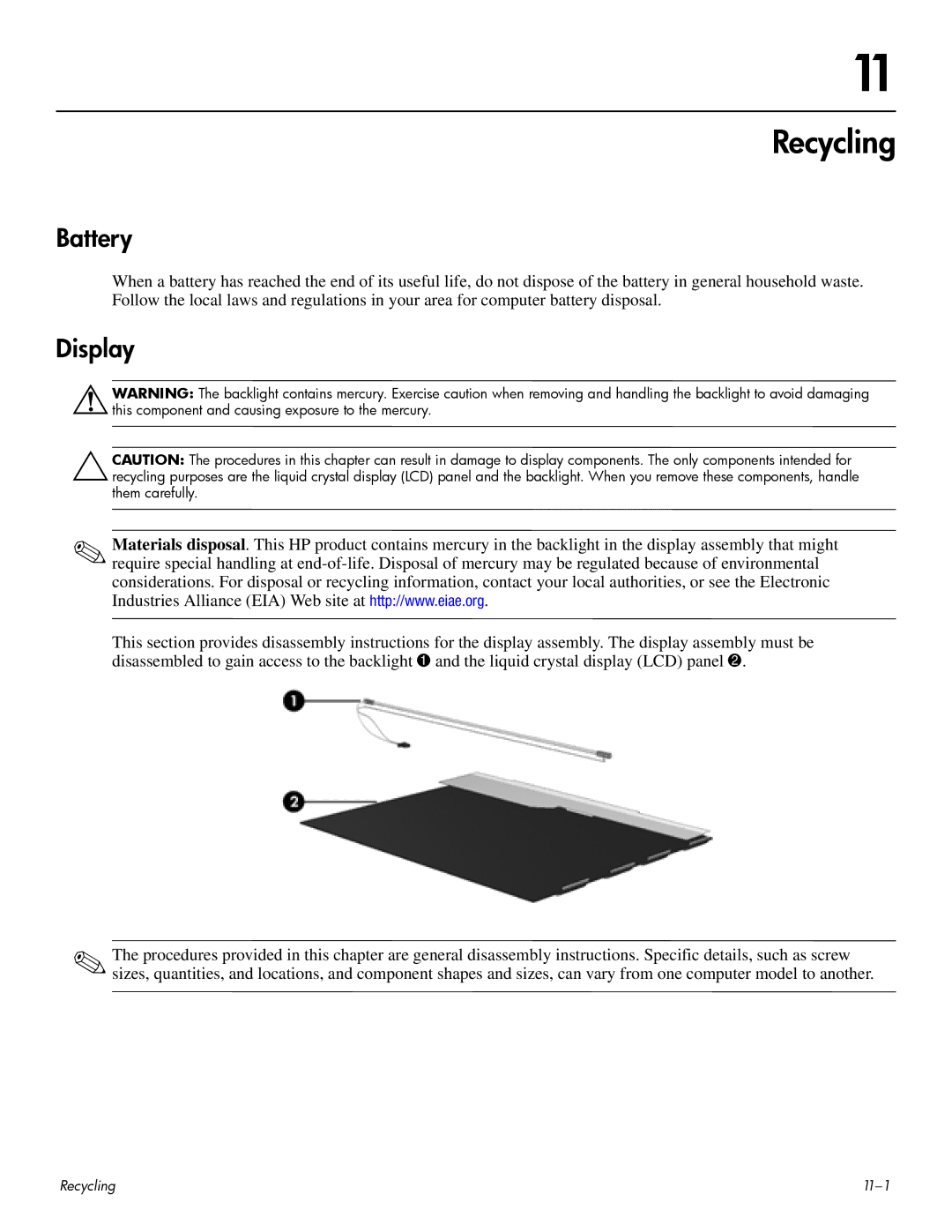 HP CQ60 manual Recycling, Battery, Display 