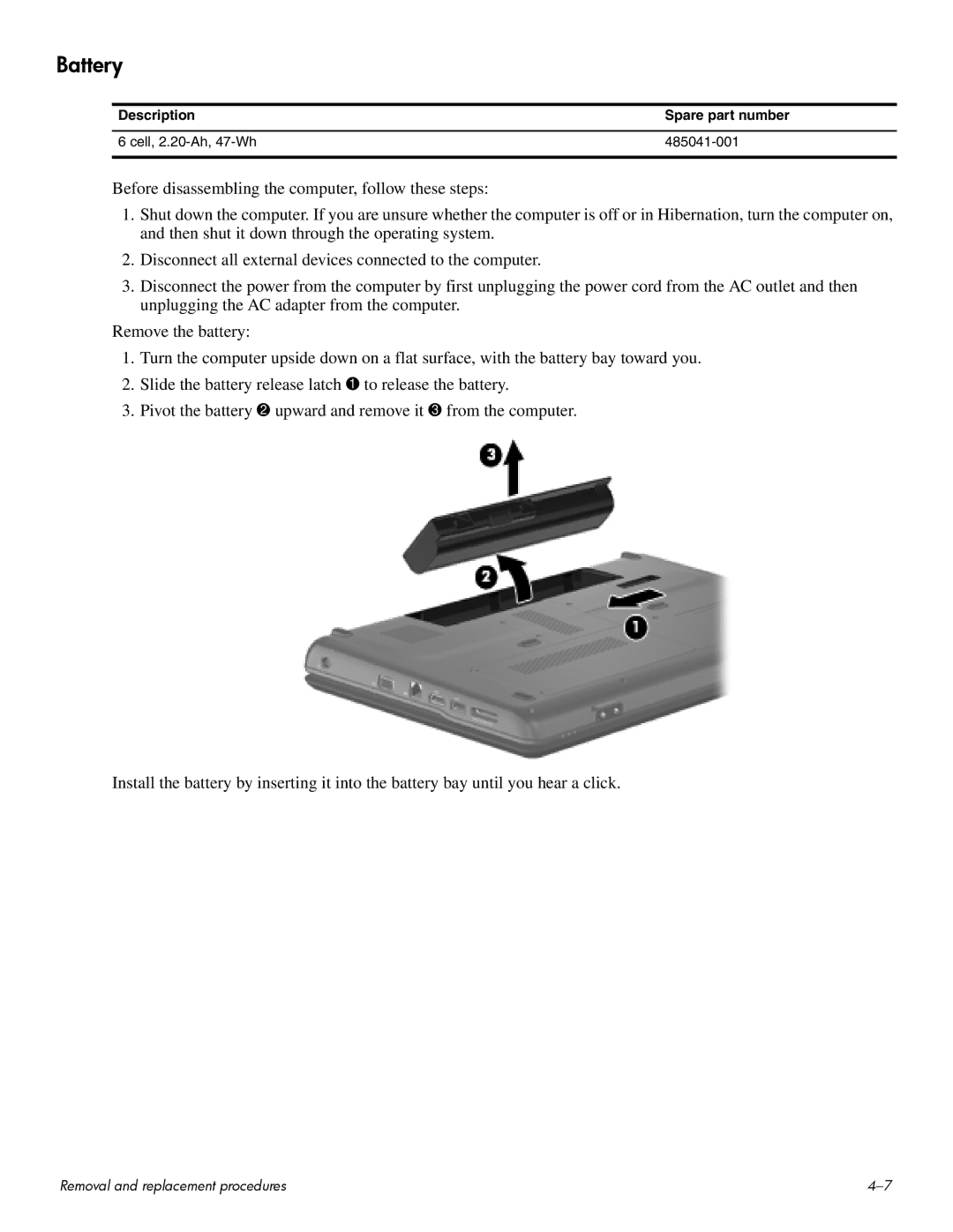 HP CQ60 manual Battery, Description Spare part number 