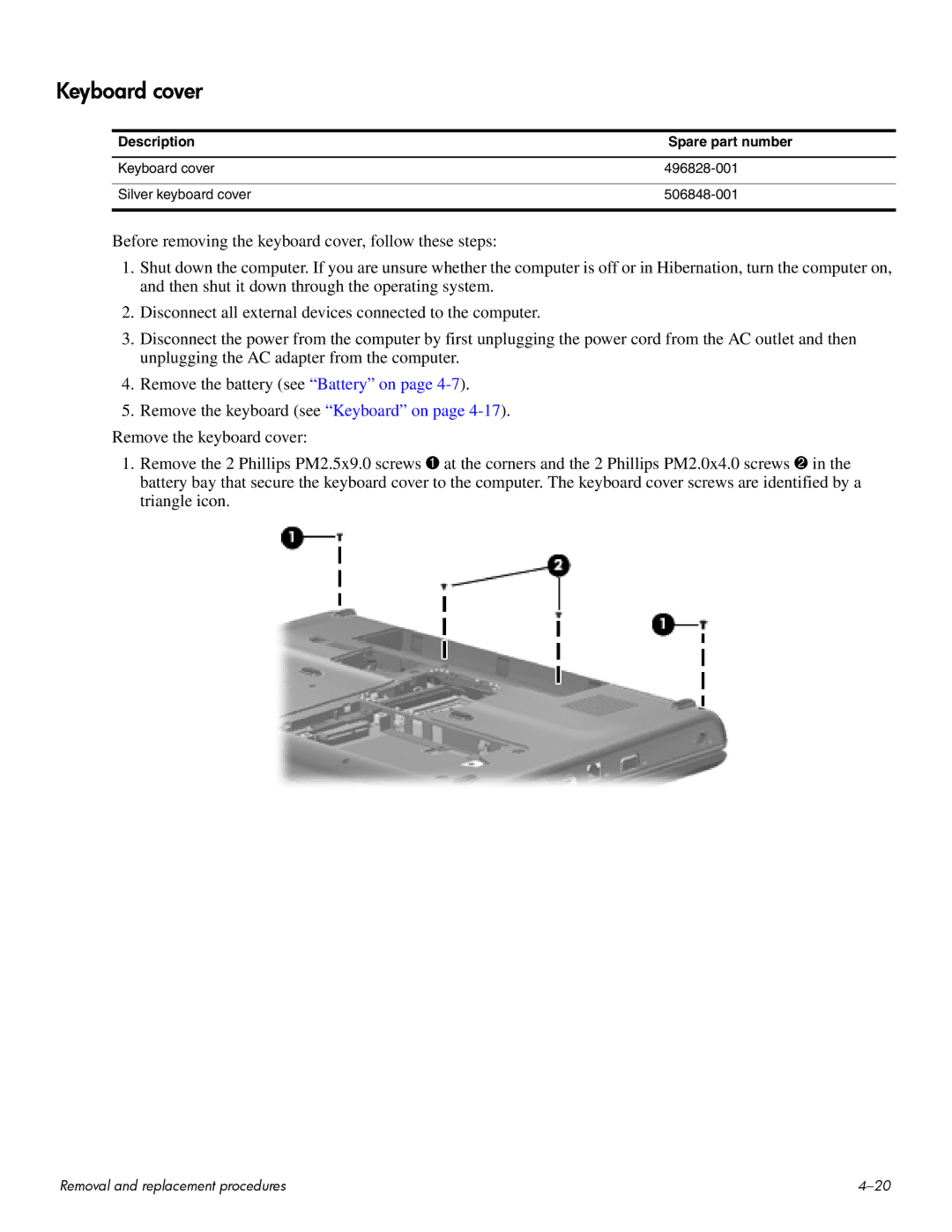 HP CQ60 manual Keyboard cover, Description Spare part number 