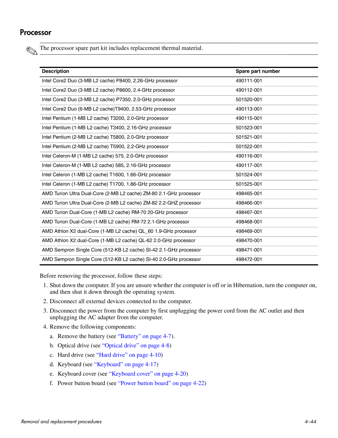 HP CQ60 manual Processor, Description Spare part number 