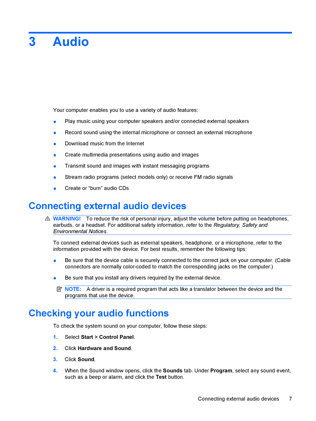 HP CQ61-135TU, CQ61-126TU, CQ61-125TU, CQ61-113TU Audio, Connecting external audio devices, Checking your audio functions 