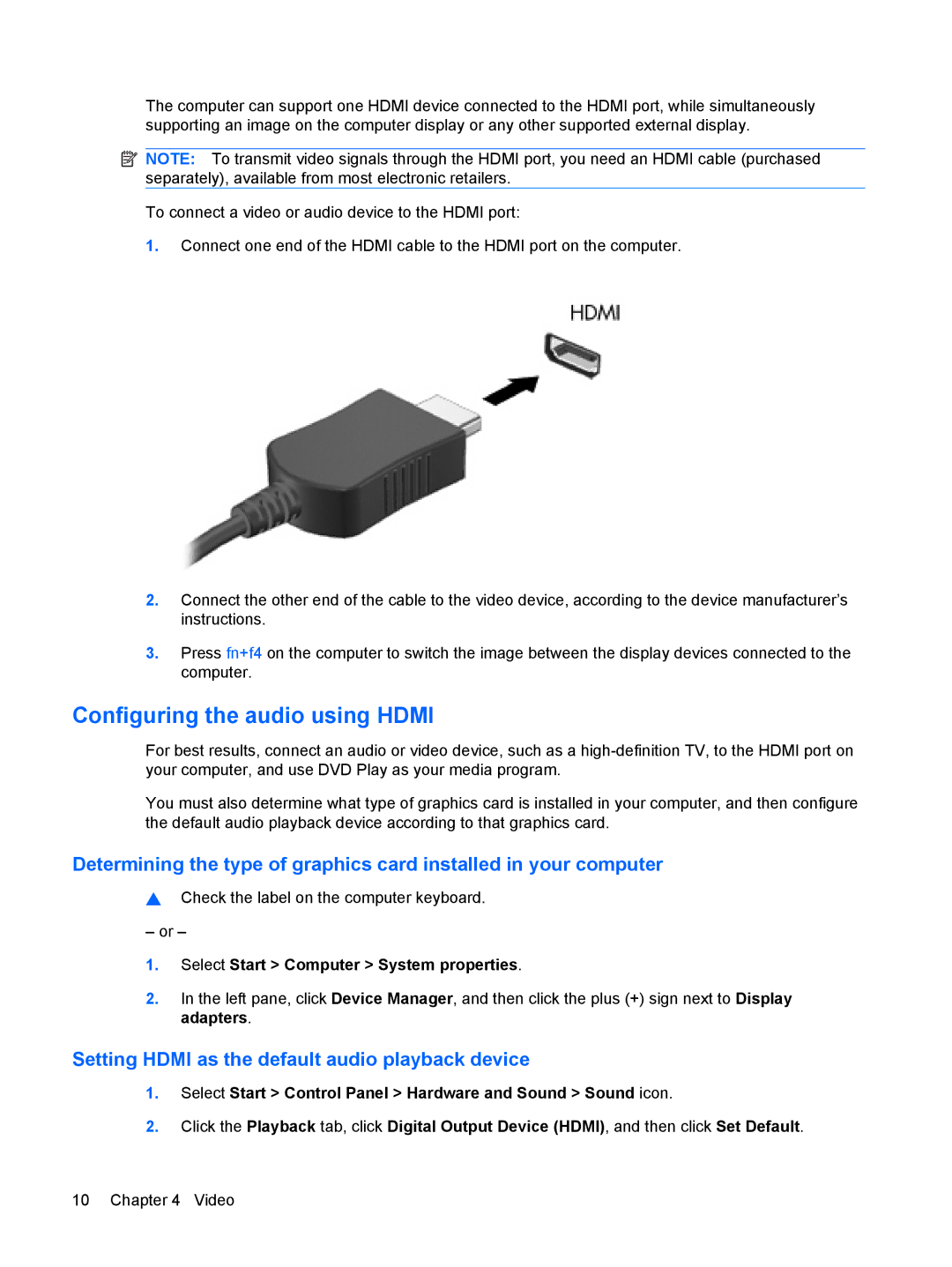 HP CQ61-235TU, CQ61-126TU, CQ61-125TU, CQ61-113TU Configuring the audio using Hdmi, Select Start Computer System properties 