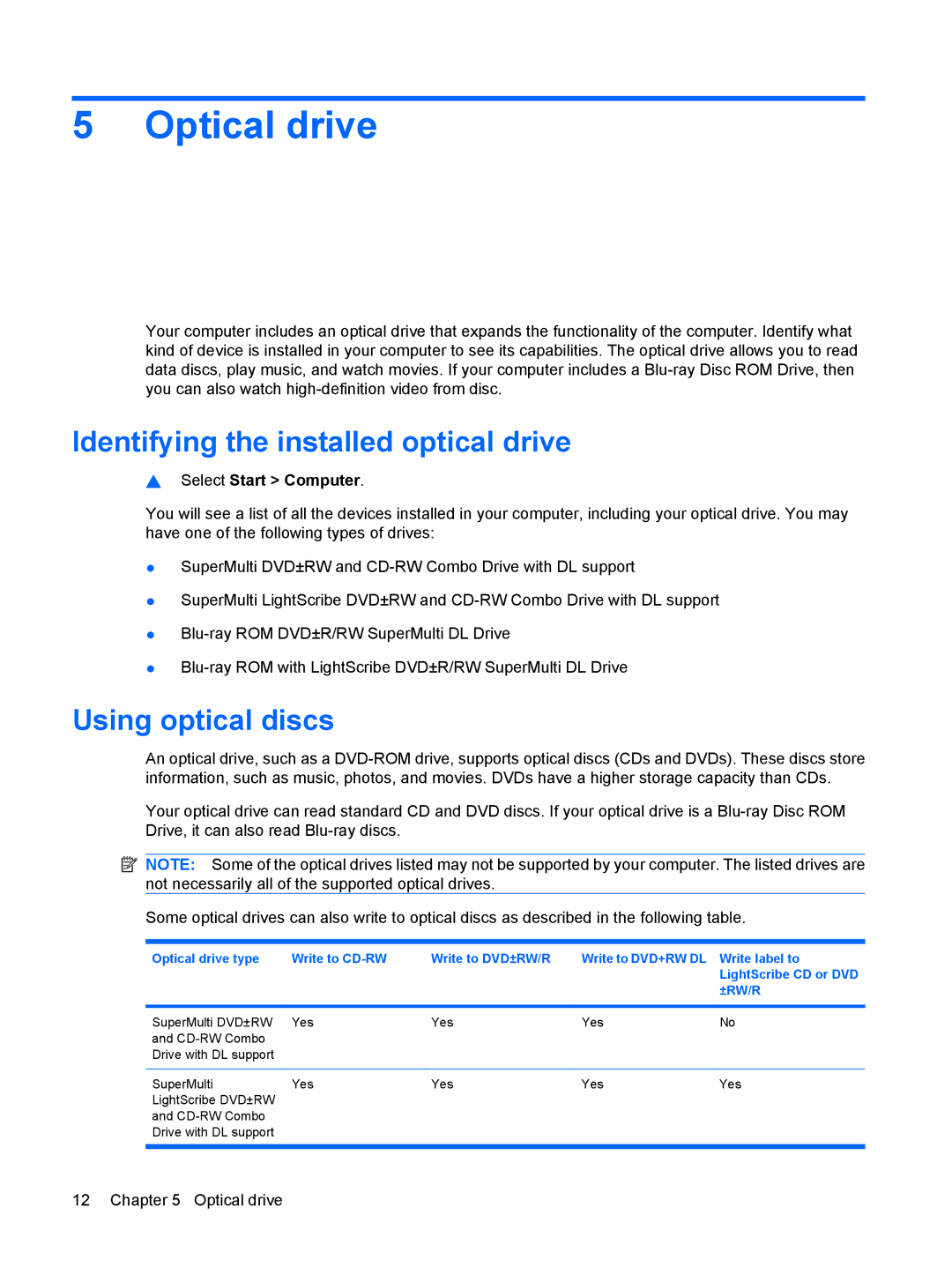 HP CQ61-227TU manual Optical drive, Identifying the installed optical drive, Using optical discs, Select Start Computer 