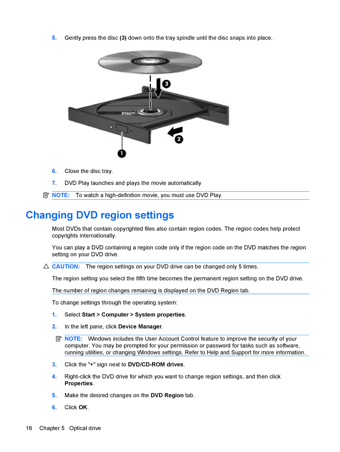 HP CQ61-222TX, CQ61-126TU, CQ61-125TU, CQ61-113TU manual Changing DVD region settings, Select Start Computer System properties 