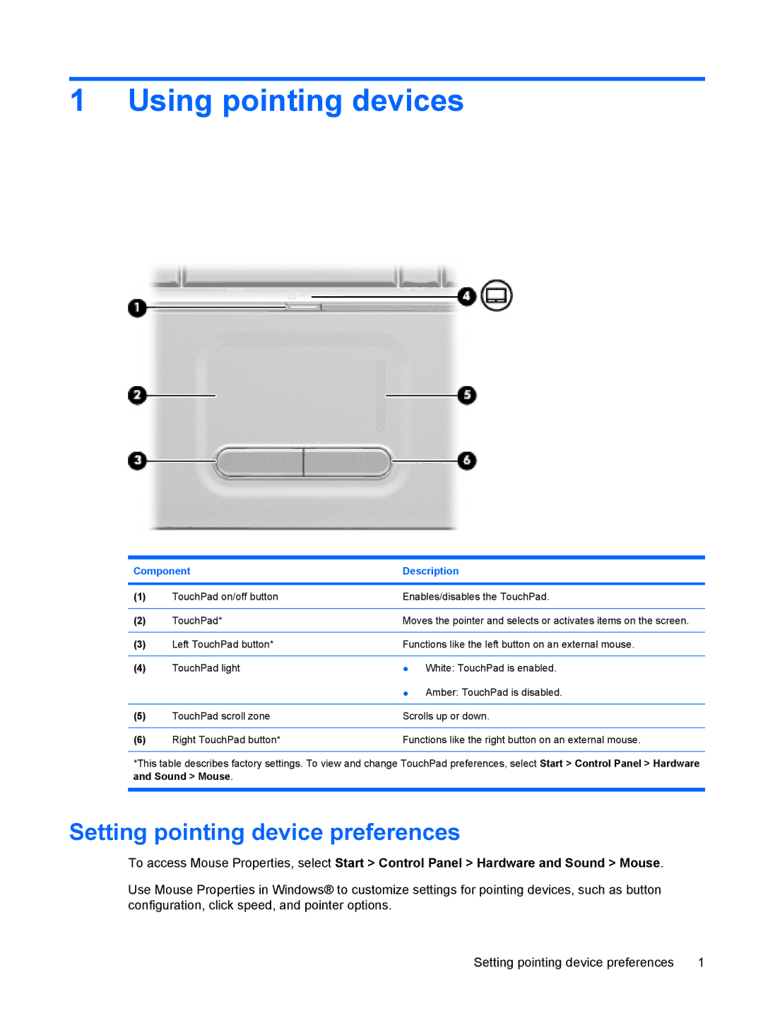 HP CQ61-111TX, CQ61-126TU, CQ61-131TU, CQ61-113TU, CQ61-112TX Using pointing devices, Setting pointing device preferences 