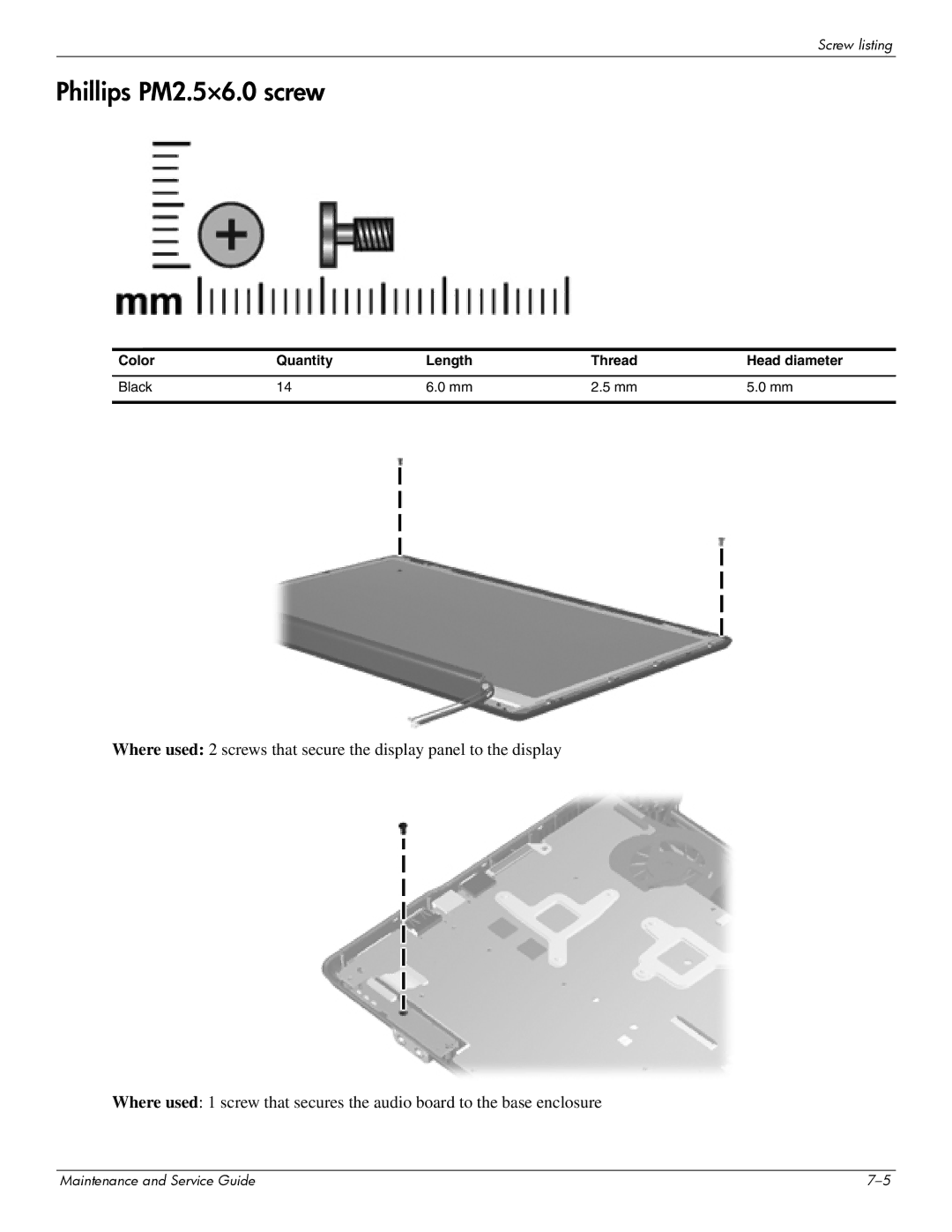 HP CQ61-205TU, CQ61-126TU, CQ61-131TU, CQ61-124TU, CQ61-113TU, CQ61-117TX, CQ61-111TX, CQ61-118TX manual Phillips PM2.5×6.0 screw 