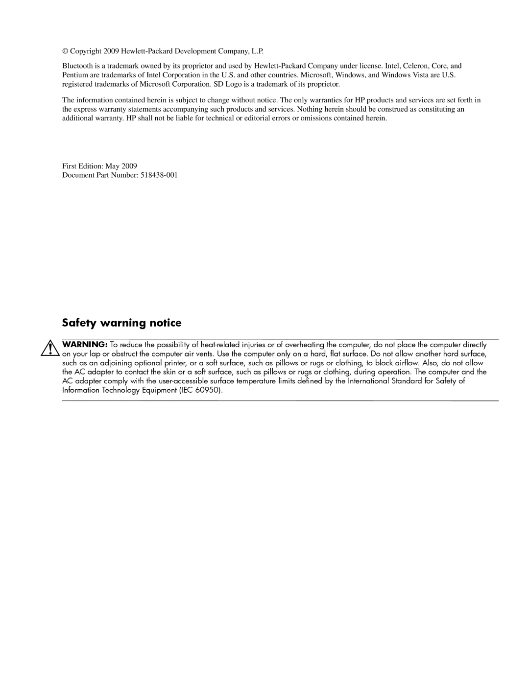 HP CQ61-124TU, CQ61-126TU, CQ61-131TU, CQ61-113TU, CQ61-117TX, CQ61-111TX, CQ61-118TX, CQ61-110TX manual Safety warning notice 