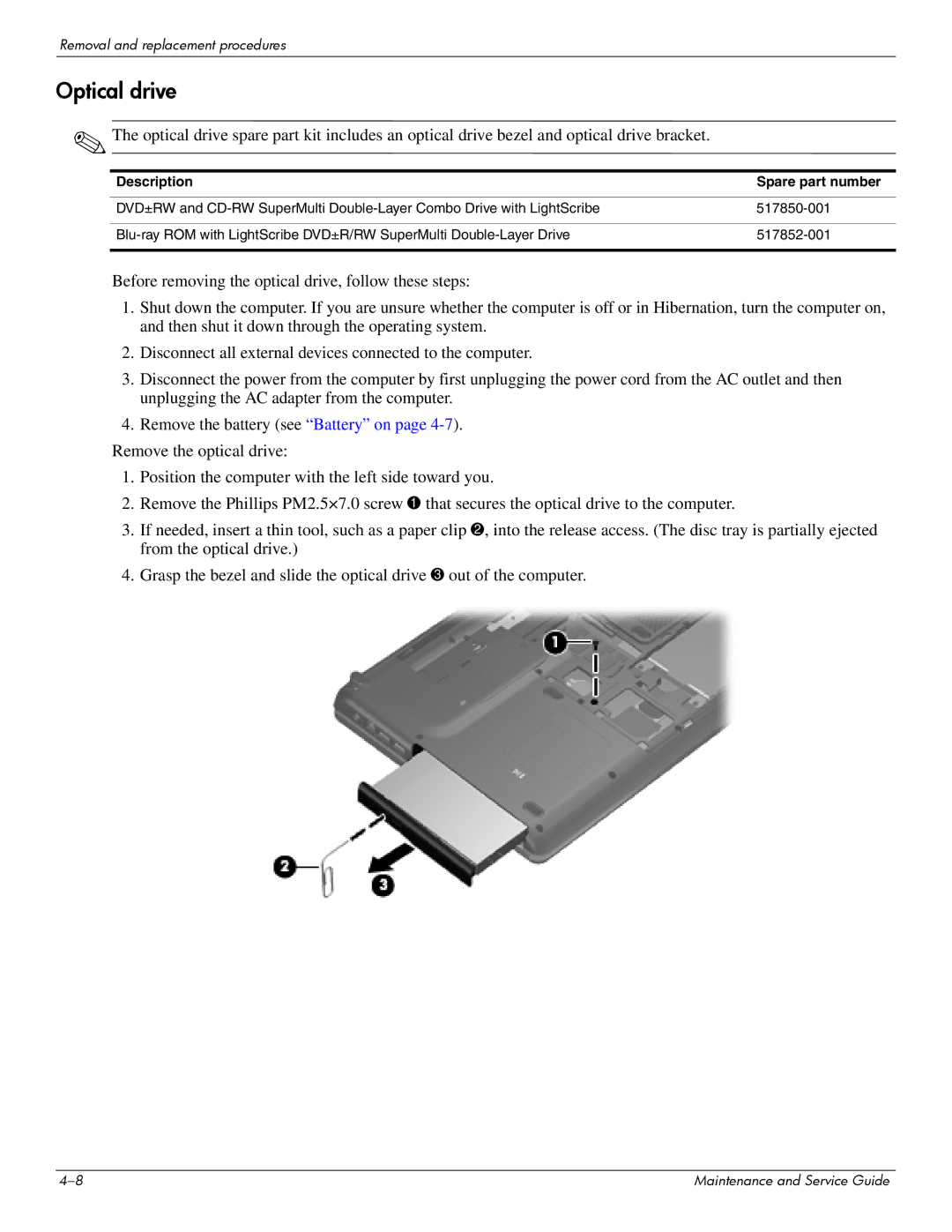 HP CQ61-113TU, CQ61-126TU, CQ61-131TU, CQ61-124TU, CQ61-117TX, CQ61-111TX, CQ61-118TX, CQ61-110TX, CQ61-110TU manual Optical drive 