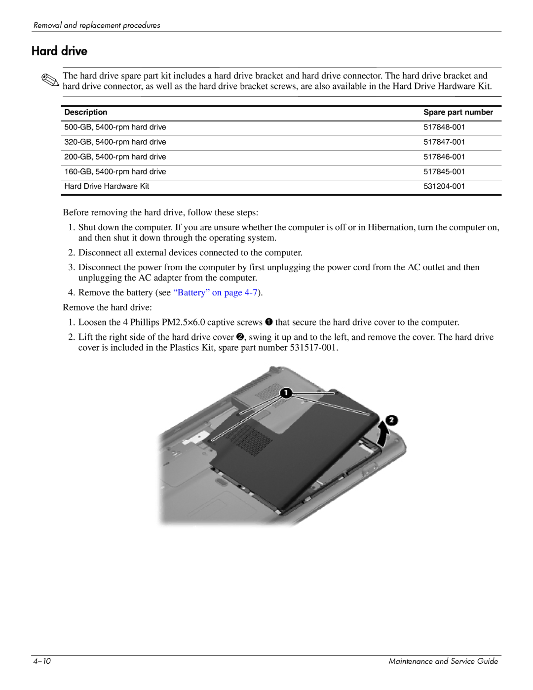 HP CQ61-111TX, CQ61-126TU, CQ61-131TU, CQ61-124TU, CQ61-113TU, CQ61-117TX, CQ61-118TX, CQ61-110TX, CQ61-110TU manual Hard drive 