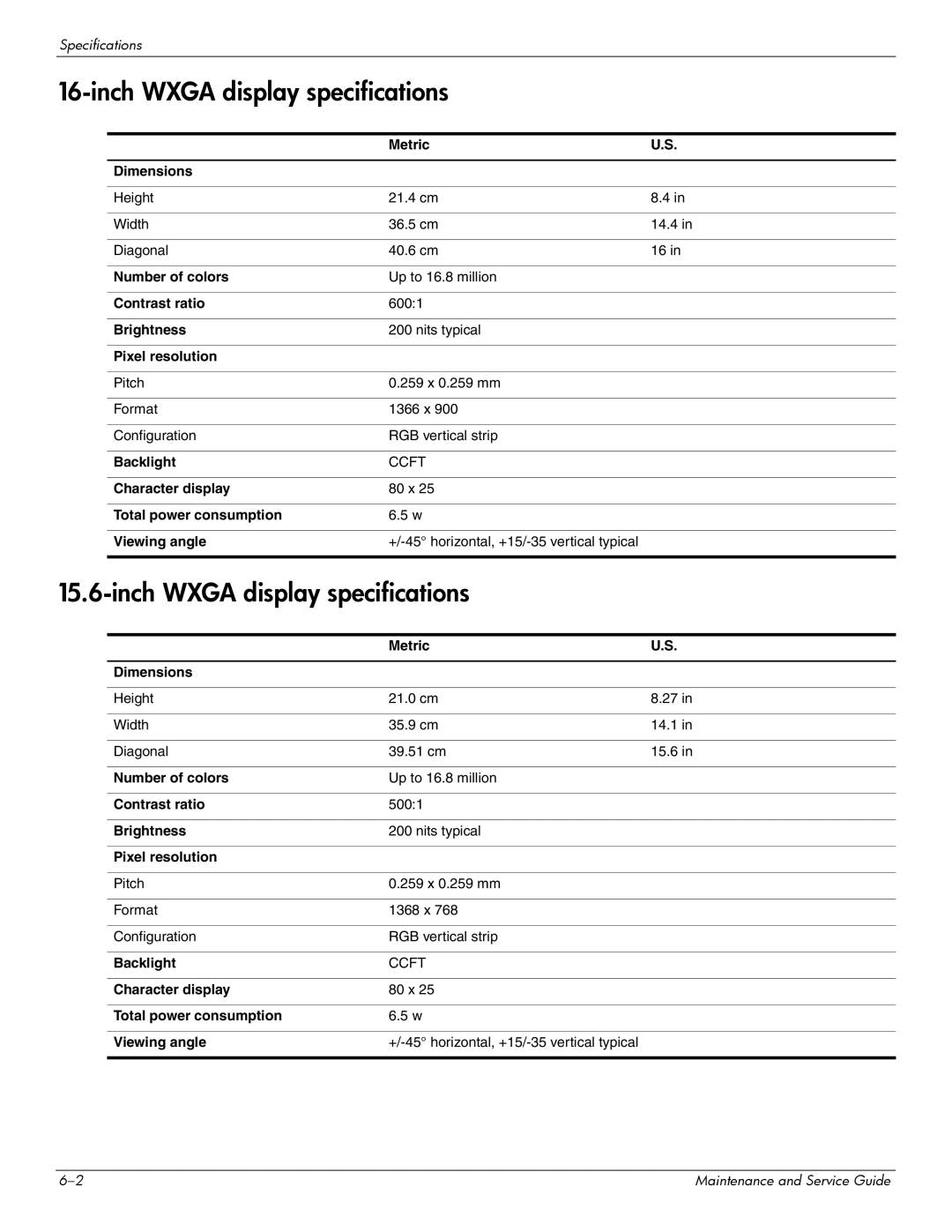 HP CQ61-232TU, CQ61-126TU, CQ61-131TU, CQ61-124TU, CQ61-113TU, CQ61-117TX, CQ61-111TX manual Inch Wxga display specifications 