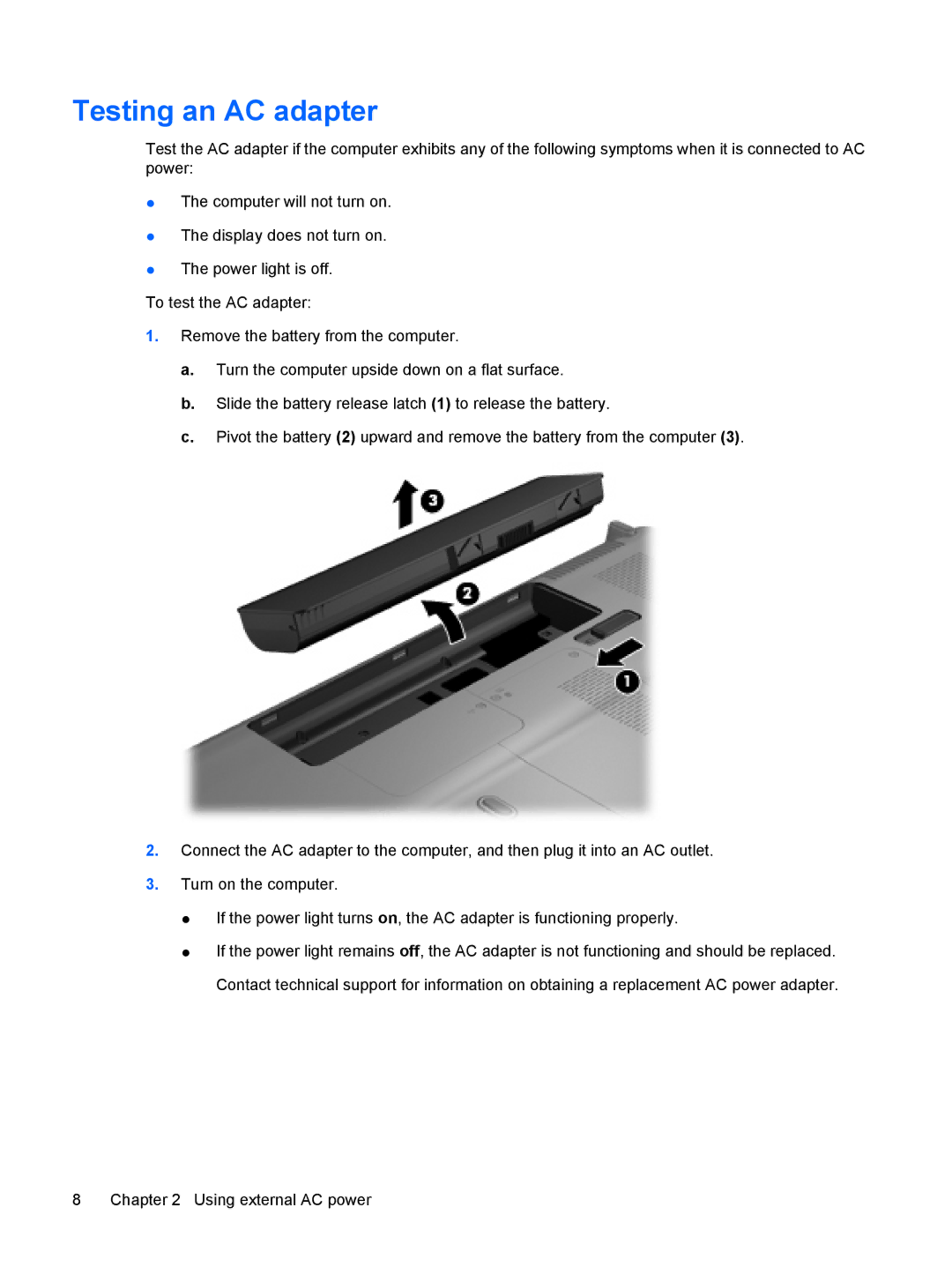 HP CQ61-205TU, CQ61-126TU, CQ61-131TU, CQ61-125TU, CQ61-124TU, CQ61-113TU, CQ61-112TX, CQ61-117TX manual Testing an AC adapter 