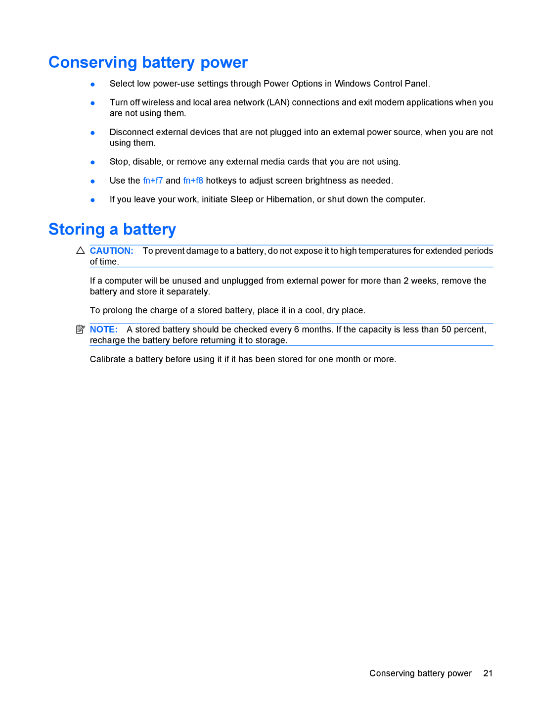 HP CQ61-232TU, CQ61-126TU, CQ61-131TU, CQ61-125TU, CQ61-124TU, CQ61-113TU manual Conserving battery power, Storing a battery 