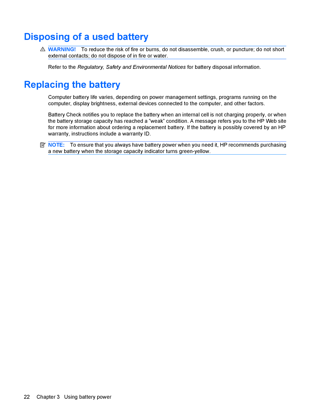 HP CQ71-101XX, CQ61-126TU, CQ61-131TU, CQ61-125TU, CQ61-124TU, CQ61-113TU Disposing of a used battery, Replacing the battery 