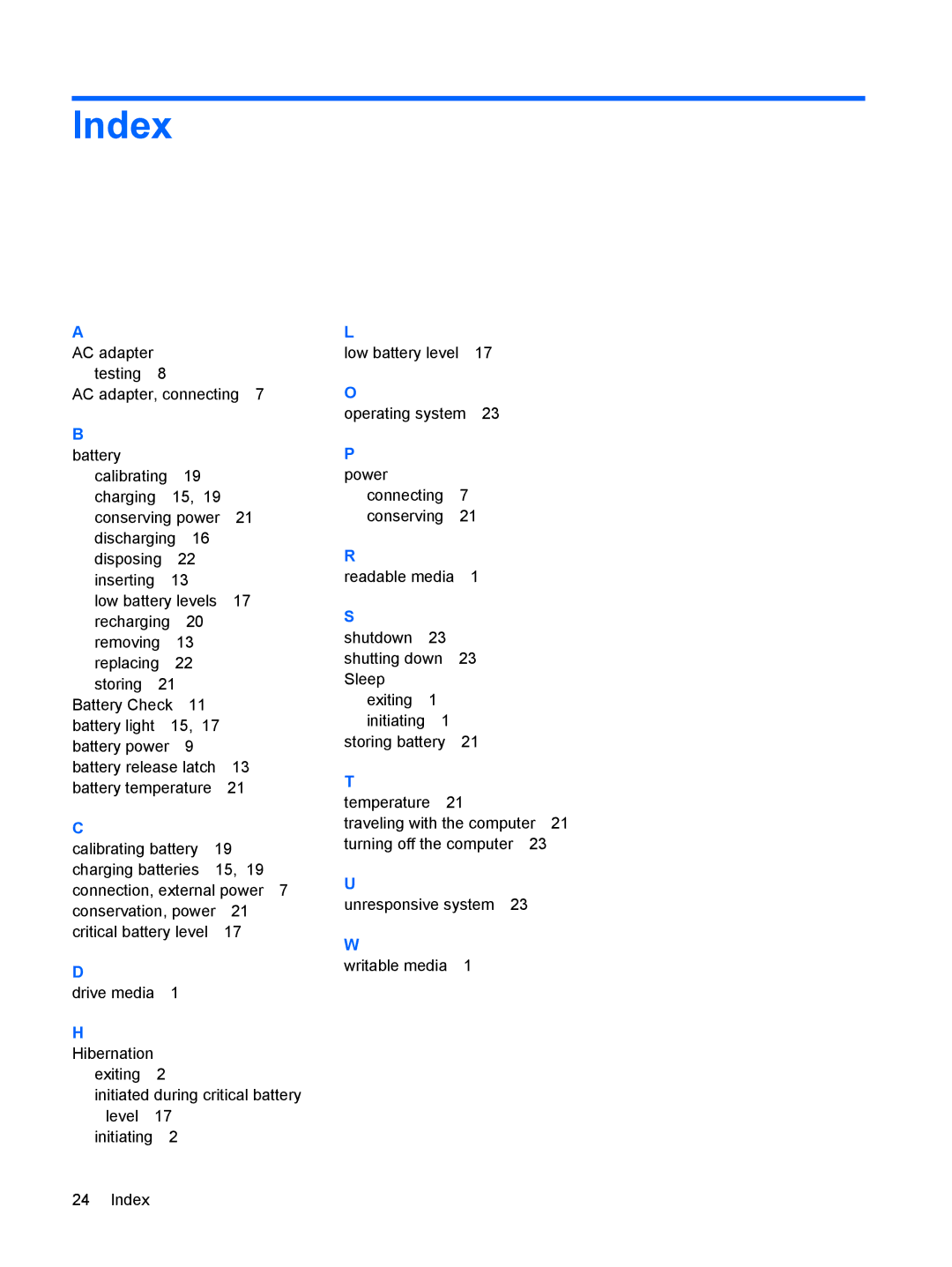 HP CQ61-131TU, CQ61-126TU, CQ61-125TU, CQ61-124TU, CQ61-113TU, CQ61-112TX, CQ61-117TX, CQ61-111TX, CQ61-118TX manual Index, Power 