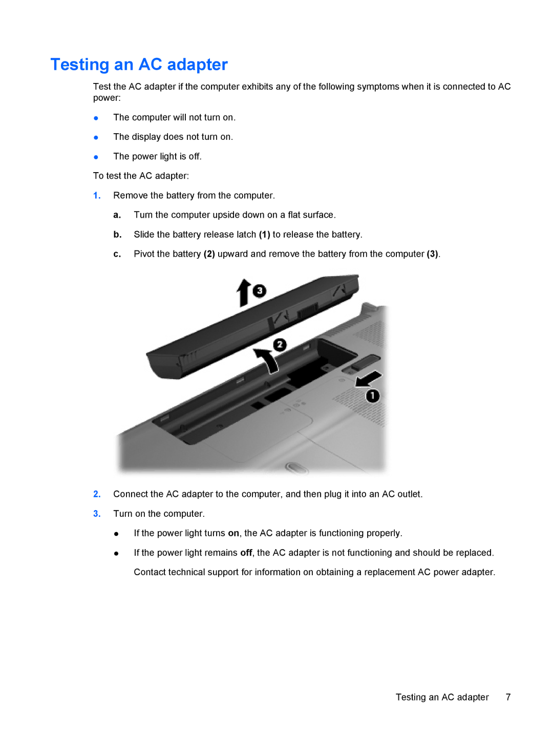 HP CQ61-313US, CQ61-312TX, CQ61-311TU, CQ61-312SL, CQ61-310US, CQ61-309TU, CQ61-307AU, CQ61-305TX manual Testing an AC adapter 