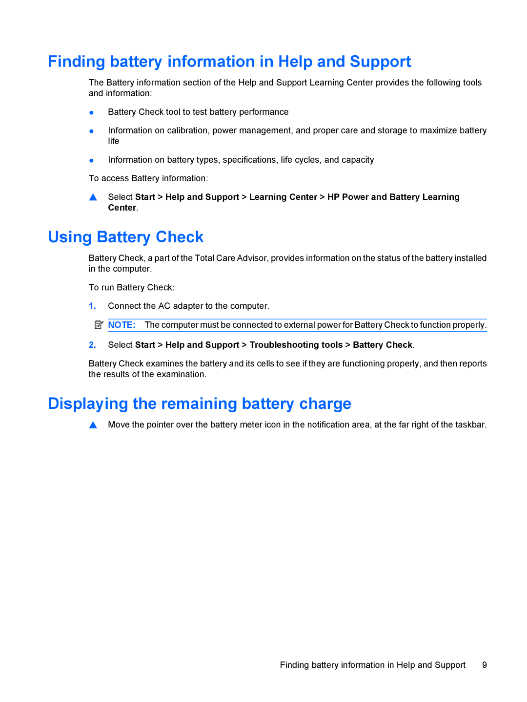 HP CQ71-350EK, CQ61-312TX, CQ61-311TU, CQ61-312SL manual Finding battery information in Help and Support, Using Battery Check 