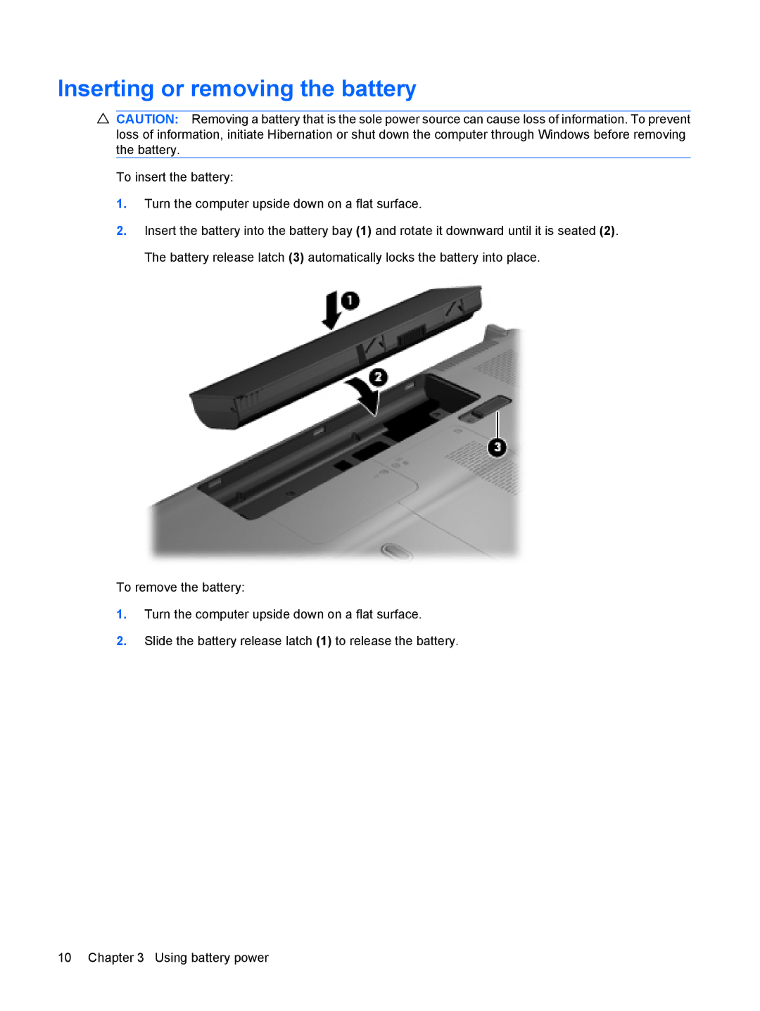 HP CQ61-410TX, CQ61-312TX, CQ61-311TU, CQ61-312SL, CQ61-310US, CQ61-309TU, CQ61-307AU manual Inserting or removing the battery 