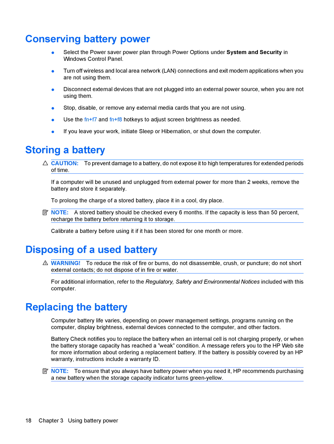 HP CQ61-327TX, CQ61-312TX Conserving battery power, Storing a battery, Disposing of a used battery, Replacing the battery 