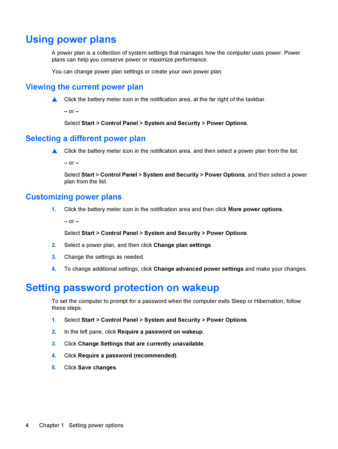 HP CQ61-303XX, CQ61-312TX manual Using power plans, Setting password protection on wakeup, Viewing the current power plan 