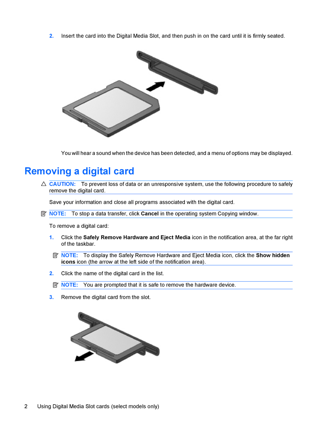 HP CQ61-306TX, CQ61-312TX, CQ61-313AX, CQ61-311TU, CQ61-310US, CQ61-309TU, CQ61-307AU, CQ61-305TX manual Removing a digital card 