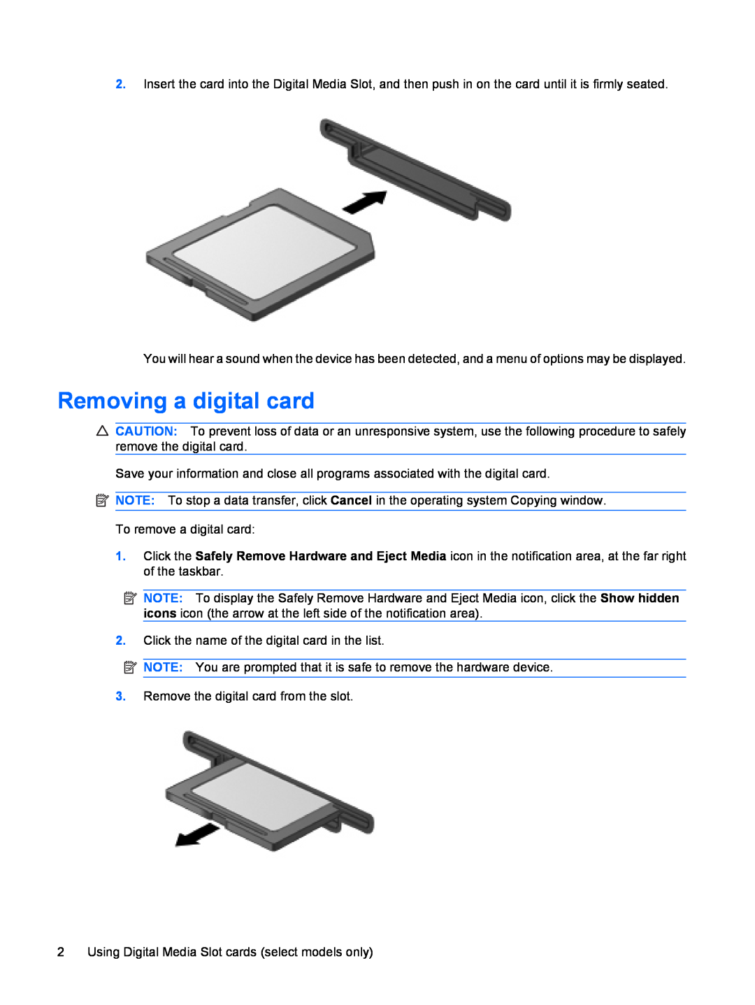 HP CQ61-306TX, CQ61-312TX, CQ61-313AX, CQ61-311TU, CQ61-310US, CQ61-309TU, CQ61-307AU, CQ61-305TX manual Removing a digital card 