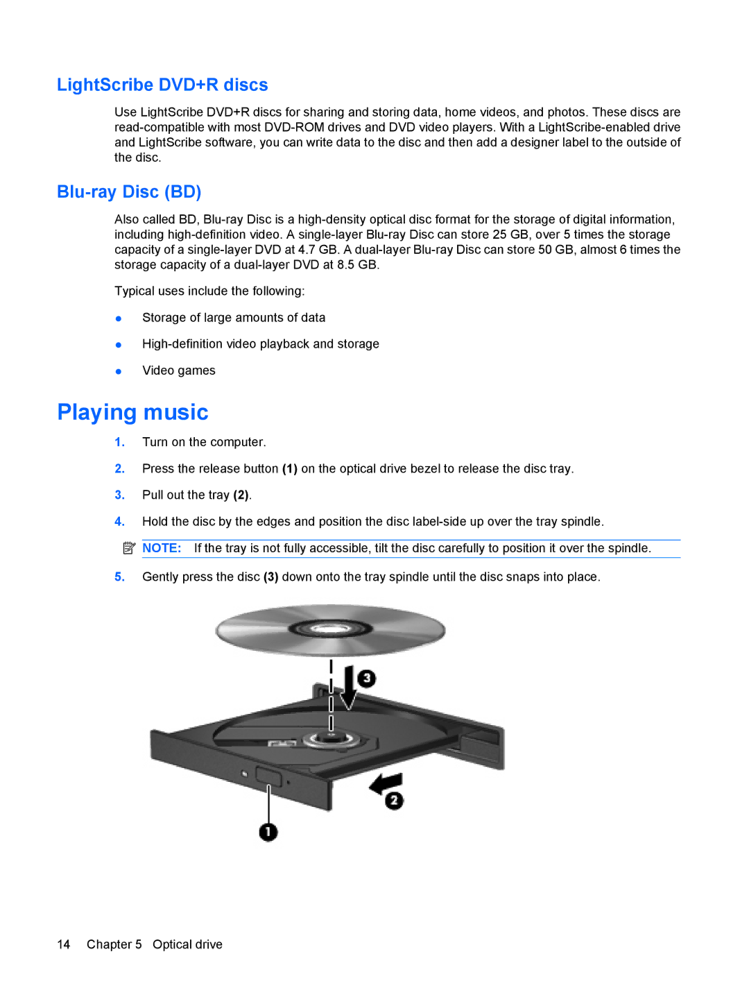 HP CQ61-405AU, CQ61-312TX, CQ61-313AX, CQ61-311TU, CQ61-312SL manual Playing music, LightScribe DVD+R discs, Blu-ray Disc BD 