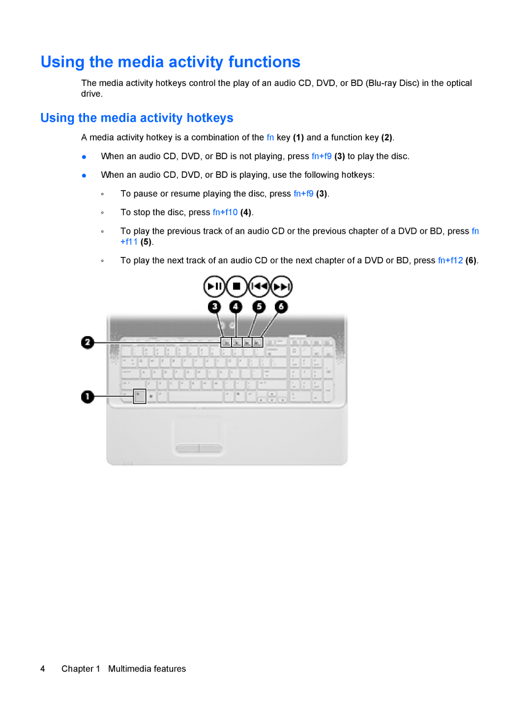 HP CQ61-313TX, CQ61-312TX, CQ61-313AX, CQ61-311TU manual Using the media activity functions, Using the media activity hotkeys 