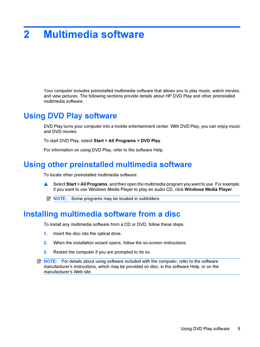 HP CQ61-313NR, CQ61-312TX manual Multimedia software, Using DVD Play software, Using other preinstalled multimedia software 