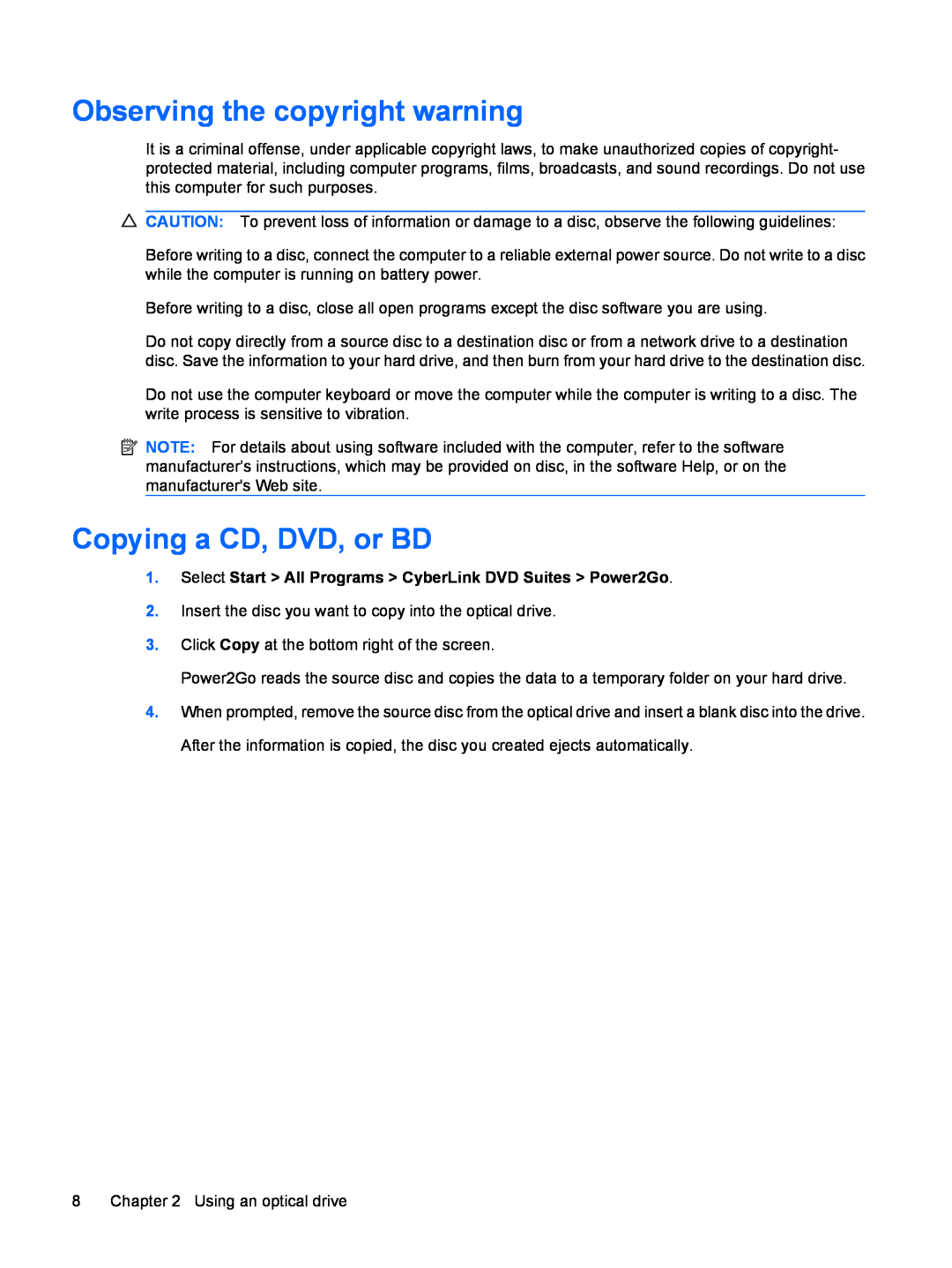 HP CQ61-313TU, CQ61-312TX, CQ61-313AX, CQ61-312SL, CQ61-310US manual Observing the copyright warning, Copying a CD, DVD, or BD 