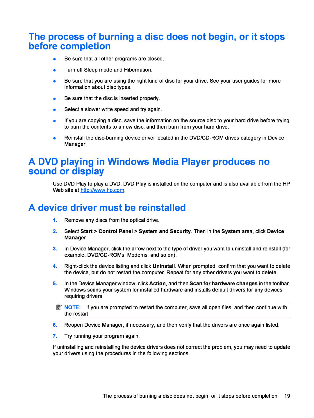 HP CQ61-404AU A DVD playing in Windows Media Player produces no sound or display, A device driver must be reinstalled 