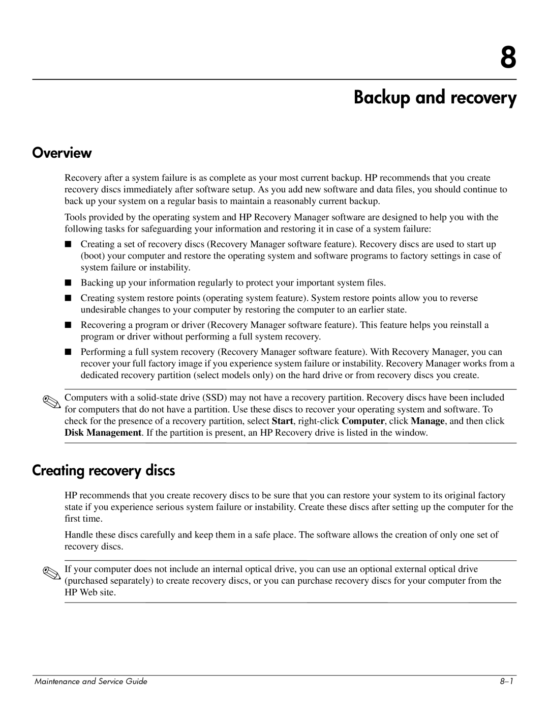 HP CQ61-313AX, CQ61-312SL, CQ61-310US, CQ61-307AU, CQ61-306AX manual Backup and recovery, Overview, Creating recovery discs 