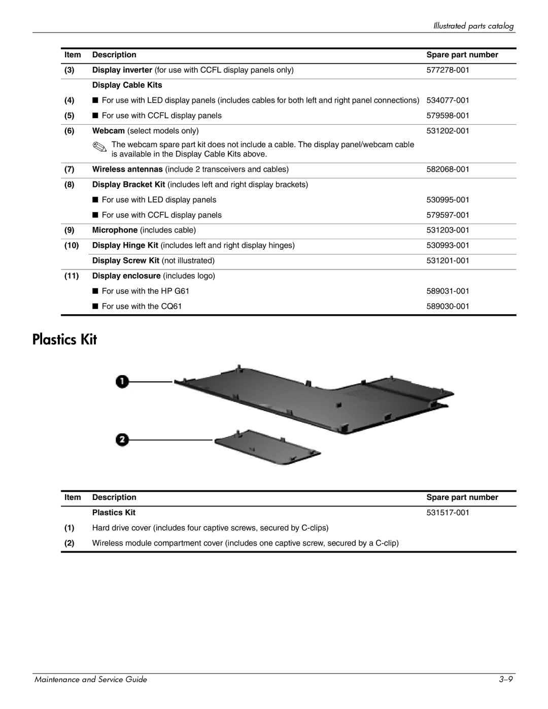 HP CQ61-313NR, CQ61-313AX Plastics Kit, 534077-001, Display Screw Kit not illustrated, Display enclosure includes logo 