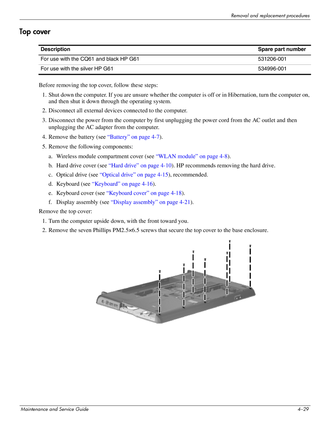 HP CQ61-313NR, CQ61-313AX, CQ61-312SL, CQ61-310US, CQ61-307AU, CQ61-306AX, CQ61-303XX, CQ61-313US, CQ61-327SF, CQ61z-300 Top cover 